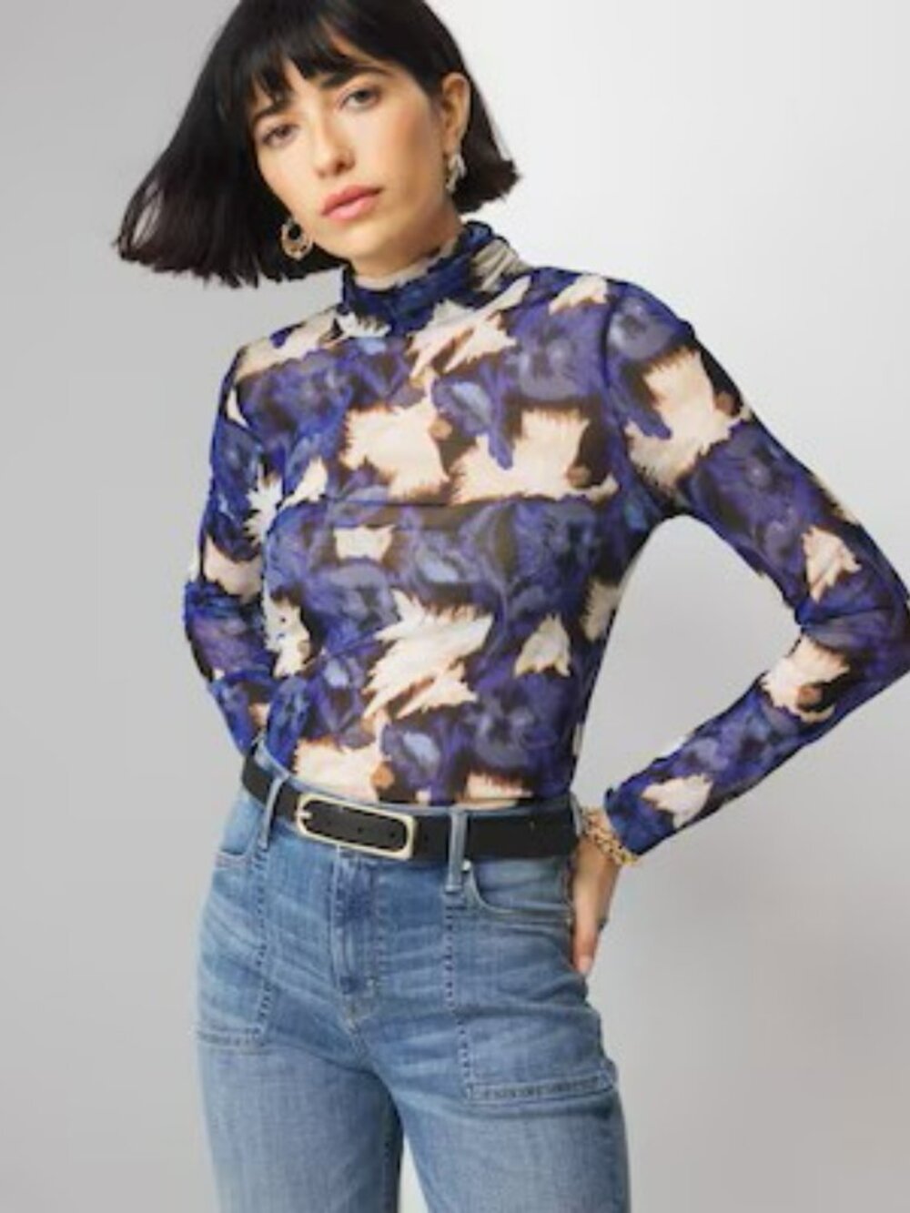 NWT WHBM Indigo Abstract Hazy Blooms Print Long Sleeve Mesh Turtleneck Top M